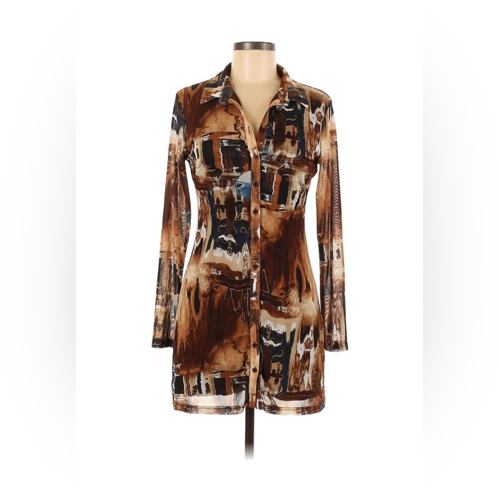 12th Tribe Pollock Brown Button Up Mesh Dress M